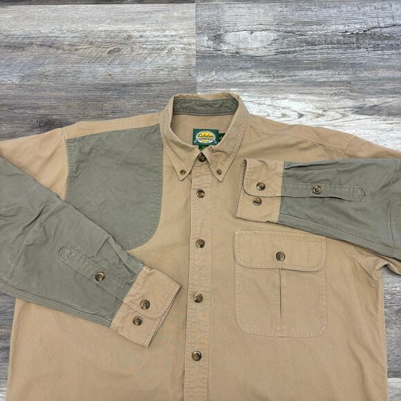 Cabela's Tan Mens LT Green Patch Long Sleeve Button Down Shooting Hunting Shirt - Picture 1 of 8